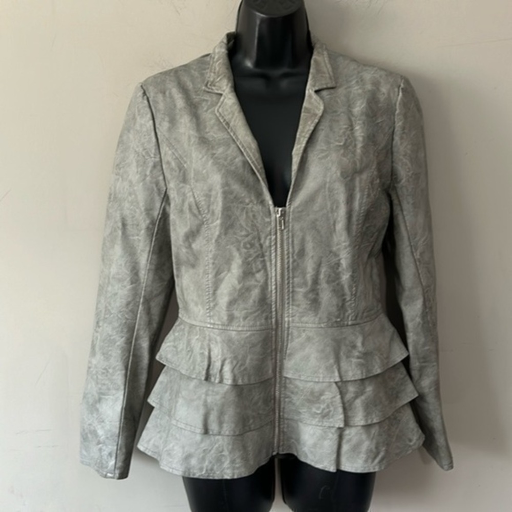 V. Cristina Silver/Grey Faux Leather Moto Crop Jacket Size S Metallic Ruffle